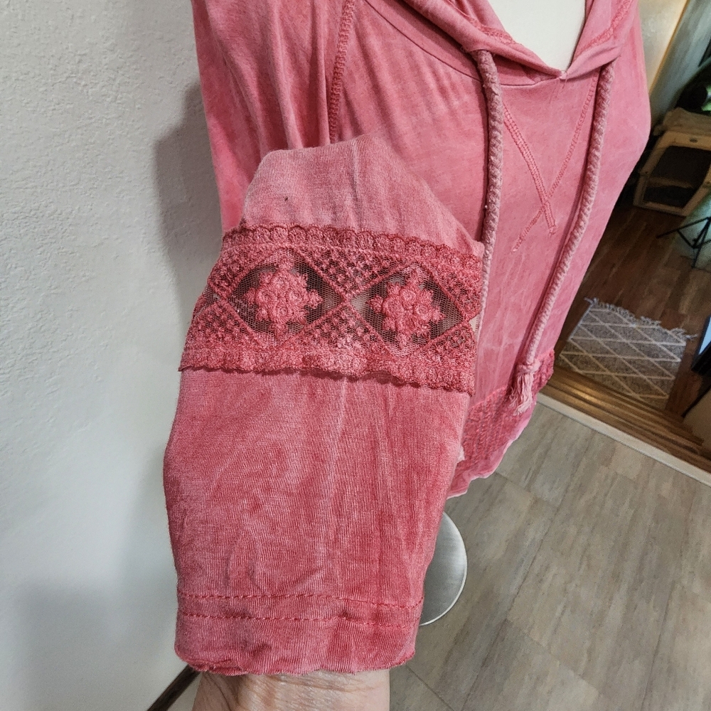 POL Lace Crochet Tunic Hoodie Lightweight Corded Drawstring Coral size Large - Picture 4 of 10